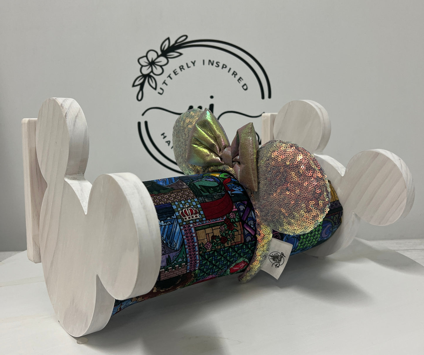 Stained Glass Beauty & The Beast Inspired Headband Holder – Freestanding or Wall Mounted Wood Display Rack for Minnie Mickey Ears –Organizer for Disney Parks Headbands