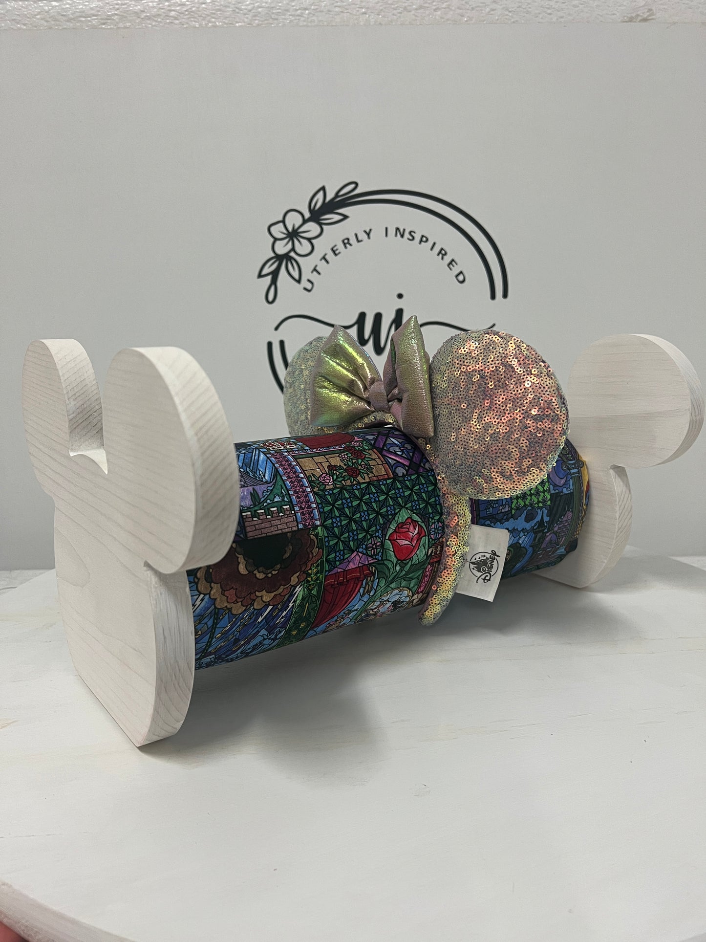 Stained Glass Beauty & The Beast Inspired Headband Holder – Freestanding or Wall Mounted Wood Display Rack for Minnie Mickey Ears –Organizer for Disney Parks Headbands