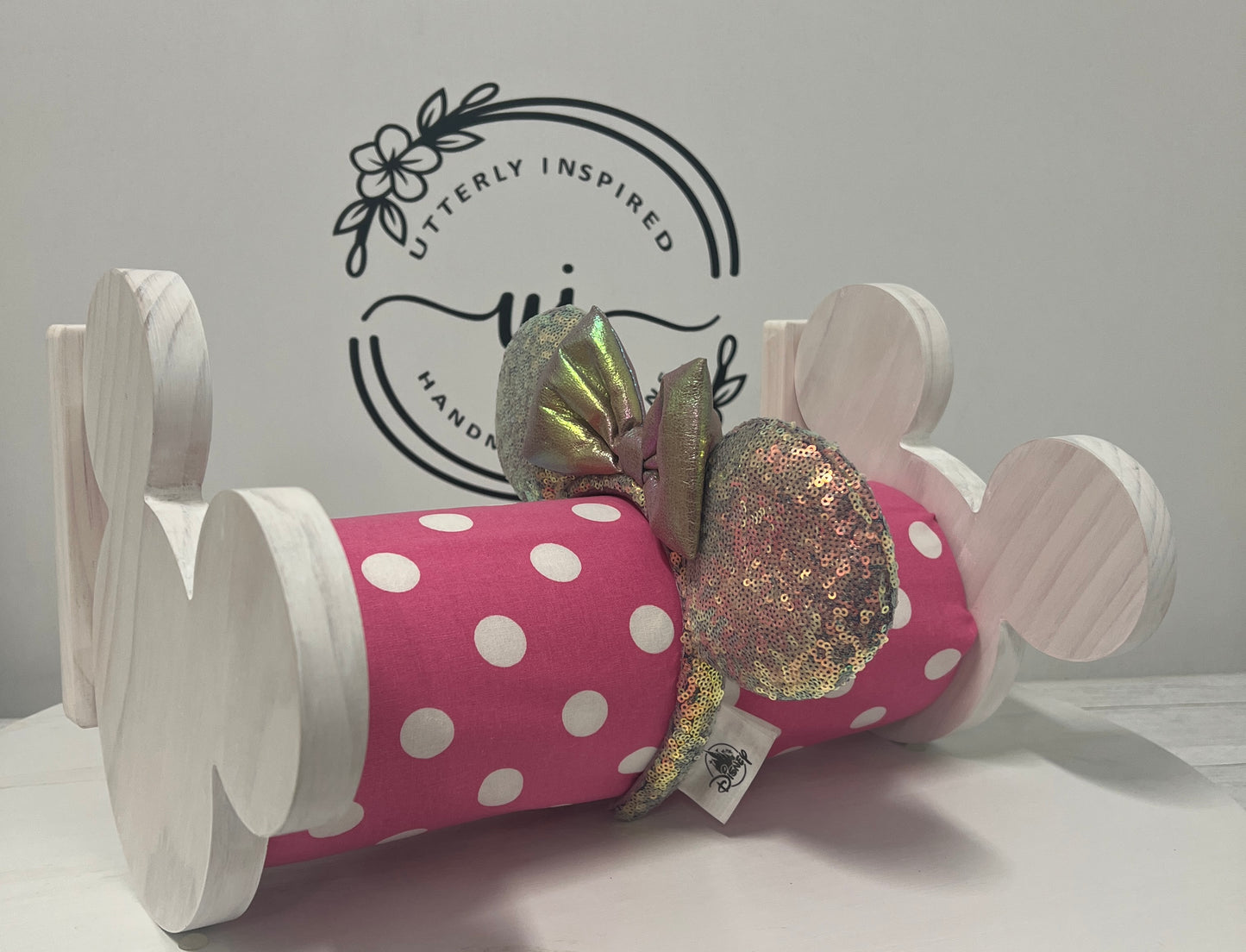 Pink Polka Dot Minnie Mouse Inspired Headband Holder – Freestanding or Wall Mounted Wood Display Rack for Minnie Mickey Ears –Organizer for Disney Parks Headbands